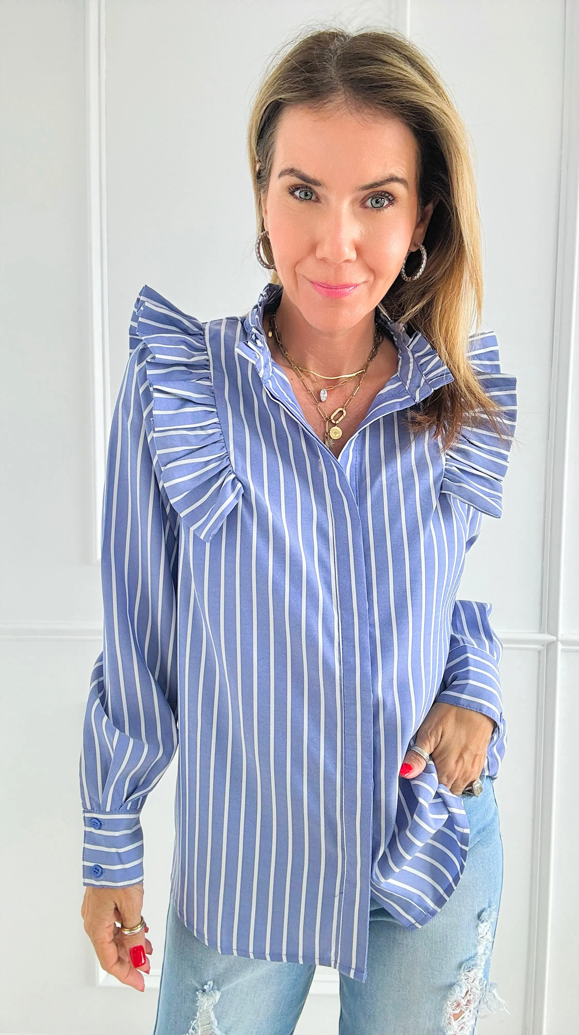 Coastal Ruffle Stripe Blouse Top