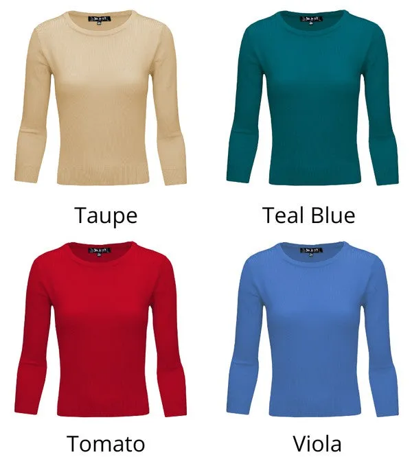 Crewneck 3/4 Sleeve Spandex Pullover Sweater