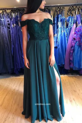 Dark Green Chiffon A Line Off Shoulder Split Prom Dress, Bridesmaid Dresses, SP546