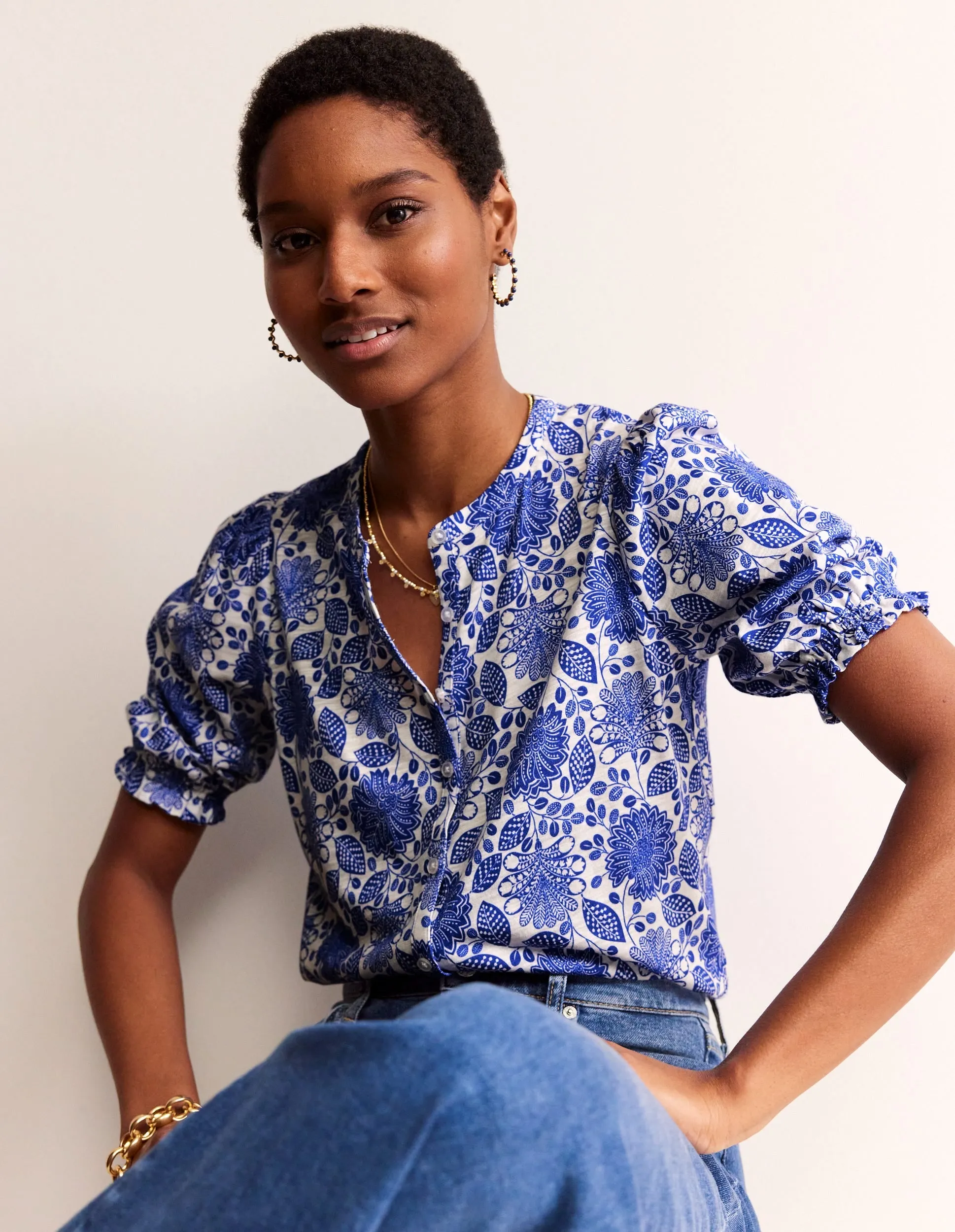 Dolly Puff Sleeve Jersey Shirt-Blue and Ivory, Gardenia Swirl