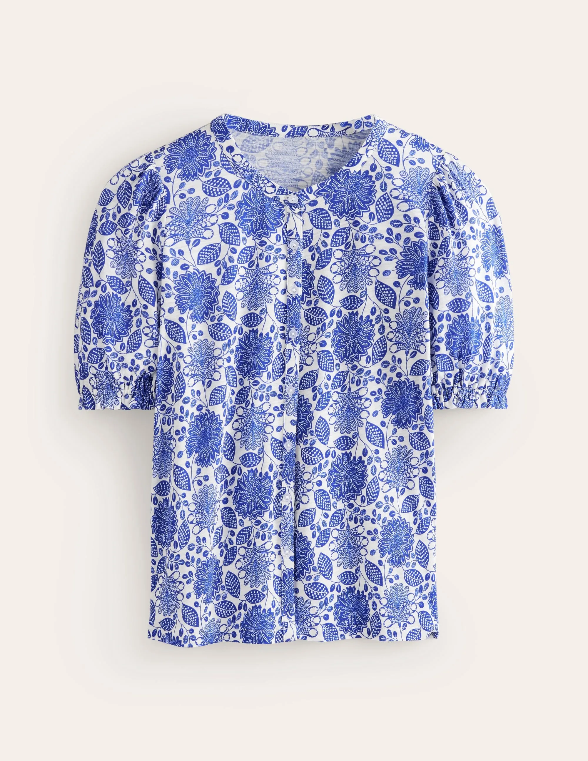 Dolly Puff Sleeve Jersey Shirt-Blue and Ivory, Gardenia Swirl