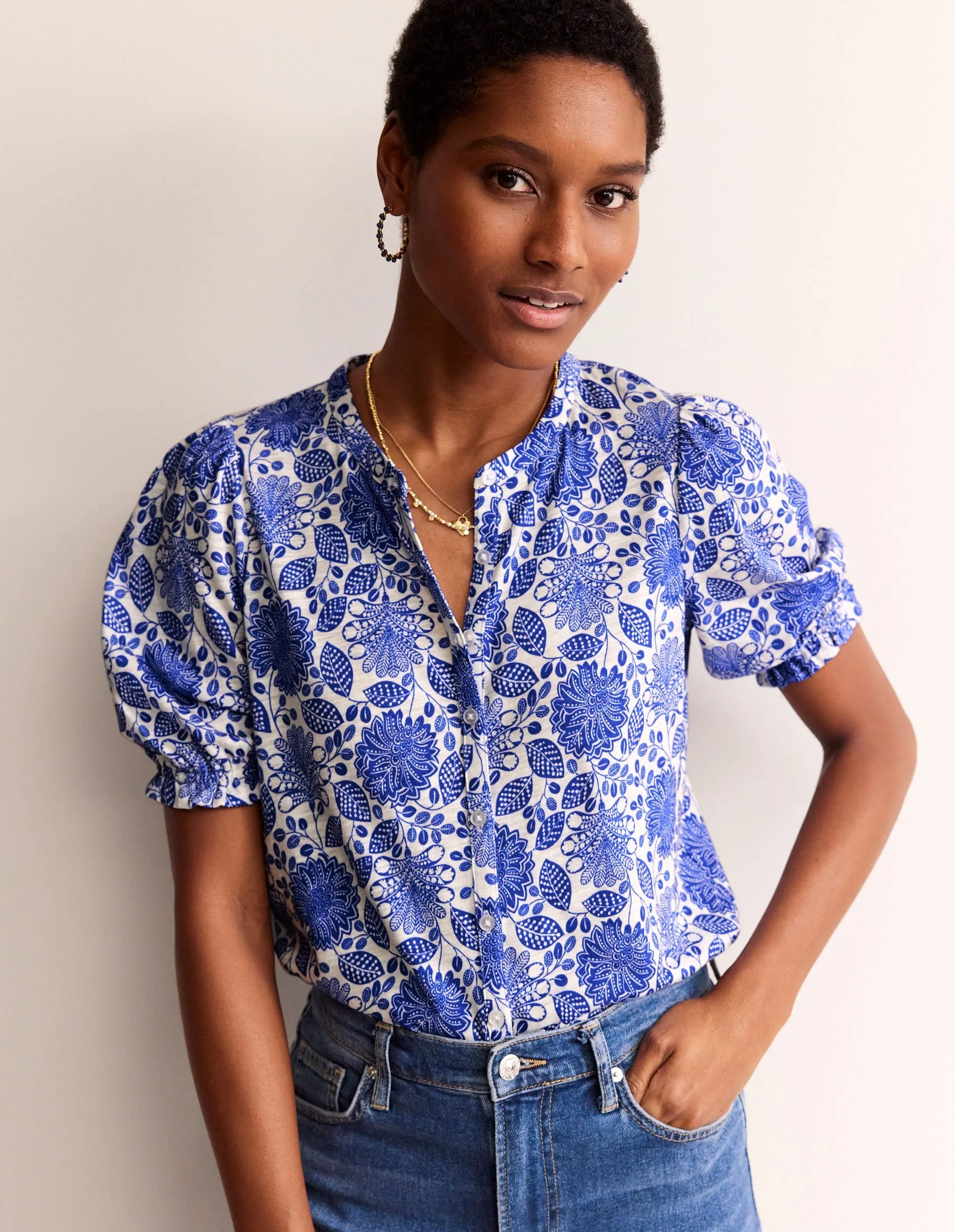 Dolly Puff Sleeve Jersey Shirt-Blue and Ivory, Gardenia Swirl