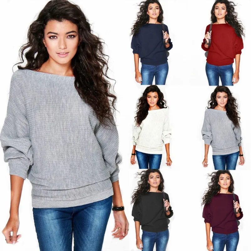 Europe Popular Women Hot Selling Trendy Loose Batwing Sleeve Knitted Sweater