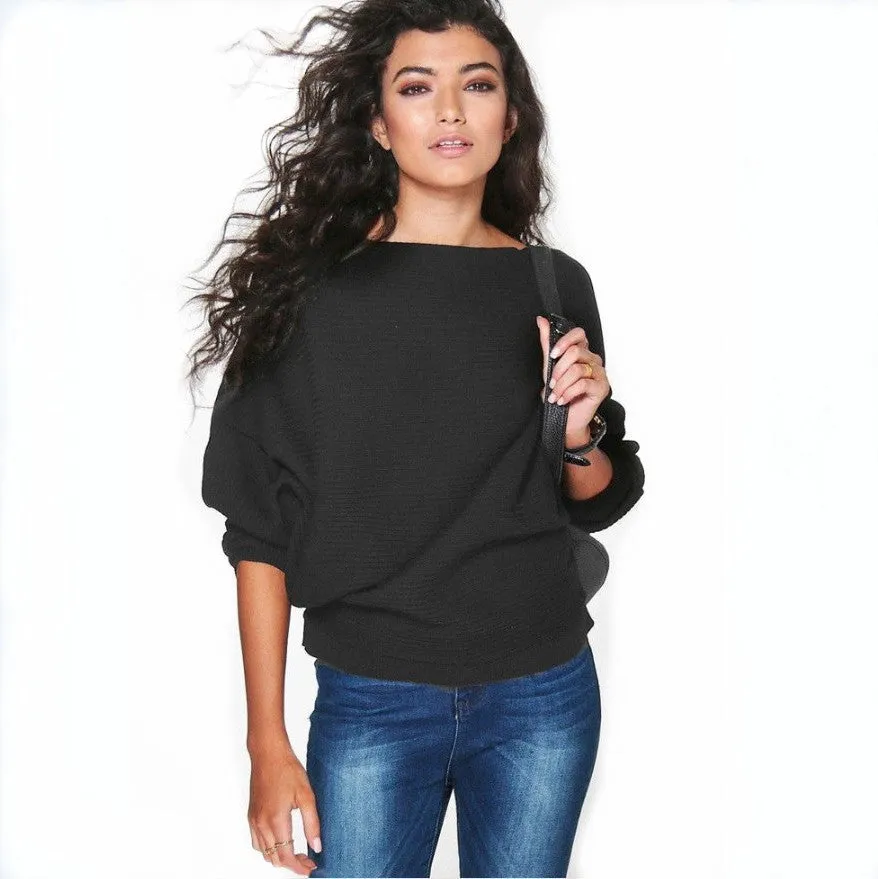 Europe Popular Women Hot Selling Trendy Loose Batwing Sleeve Knitted Sweater