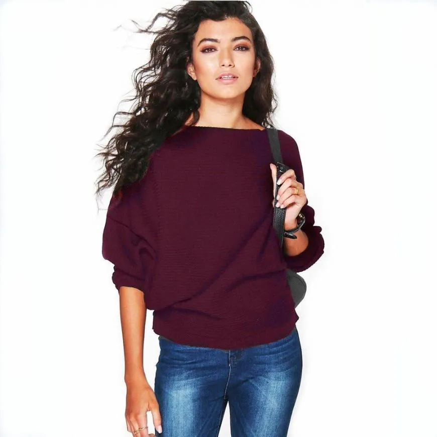 Europe Popular Women Hot Selling Trendy Loose Batwing Sleeve Knitted Sweater