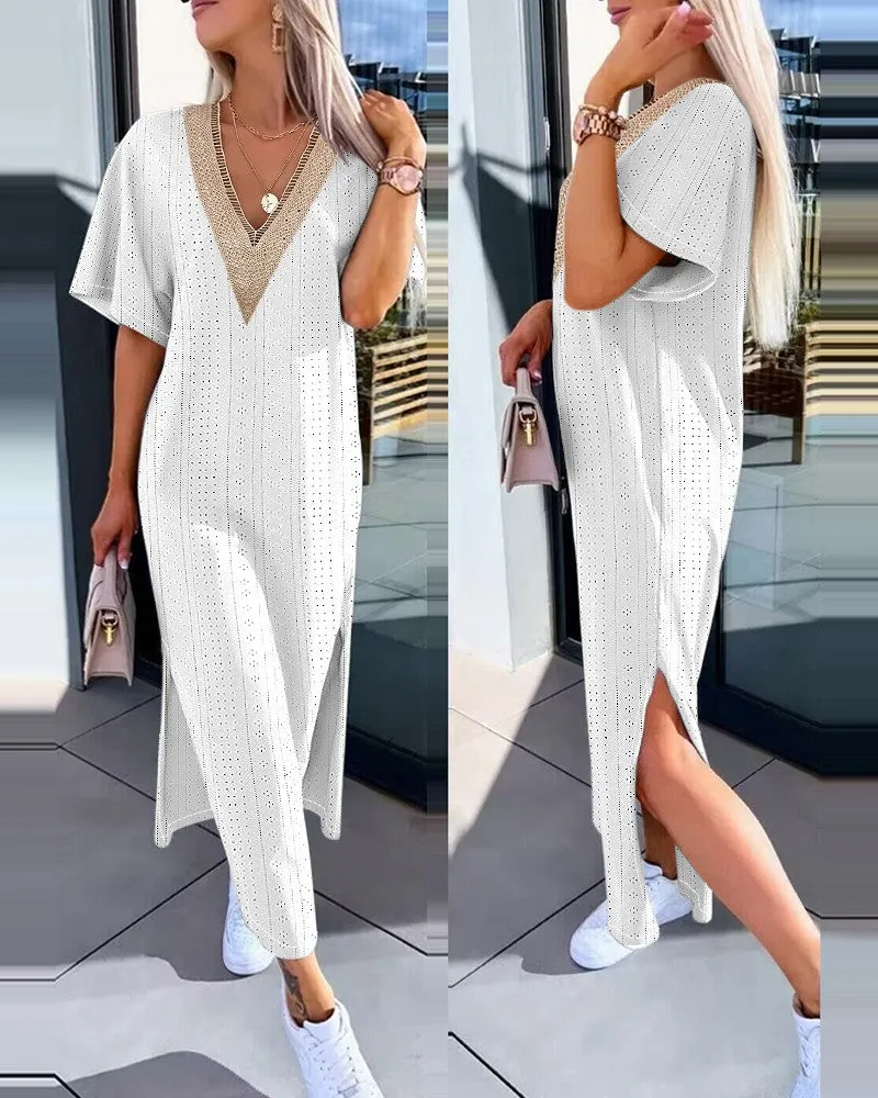 Eyelet Embroidery V Neck Casual Dress