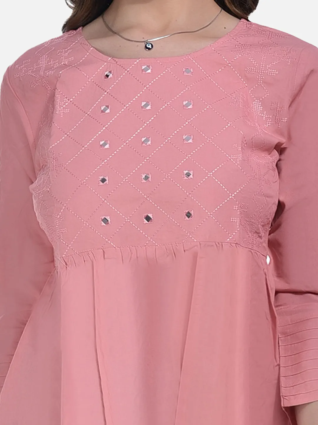 FIMS Fashion Women Cotton Pleated & Gathered Embroidery Stone Full Sleeves Pink