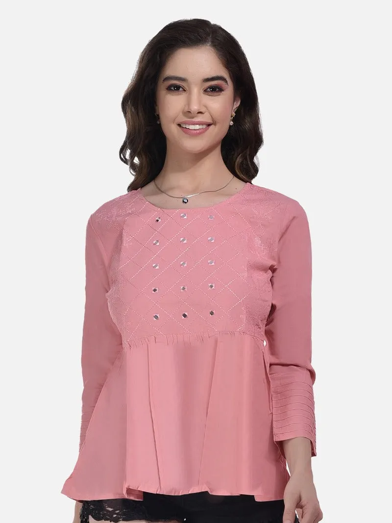 FIMS Fashion Women Cotton Pleated & Gathered Embroidery Stone Full Sleeves Pink