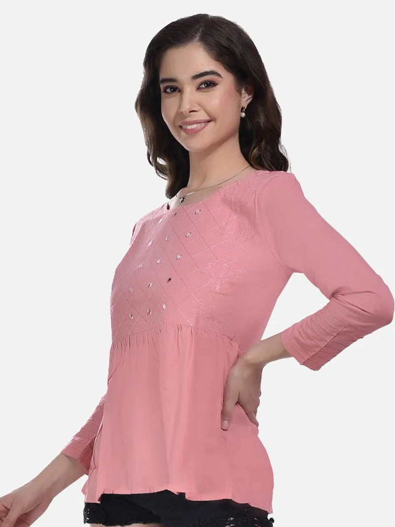 FIMS Fashion Women Cotton Pleated & Gathered Embroidery Stone Full Sleeves Pink