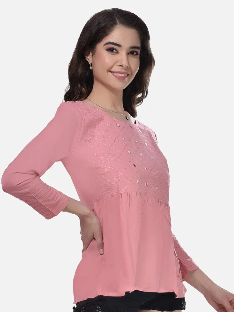 FIMS Fashion Women Cotton Pleated & Gathered Embroidery Stone Full Sleeves Pink