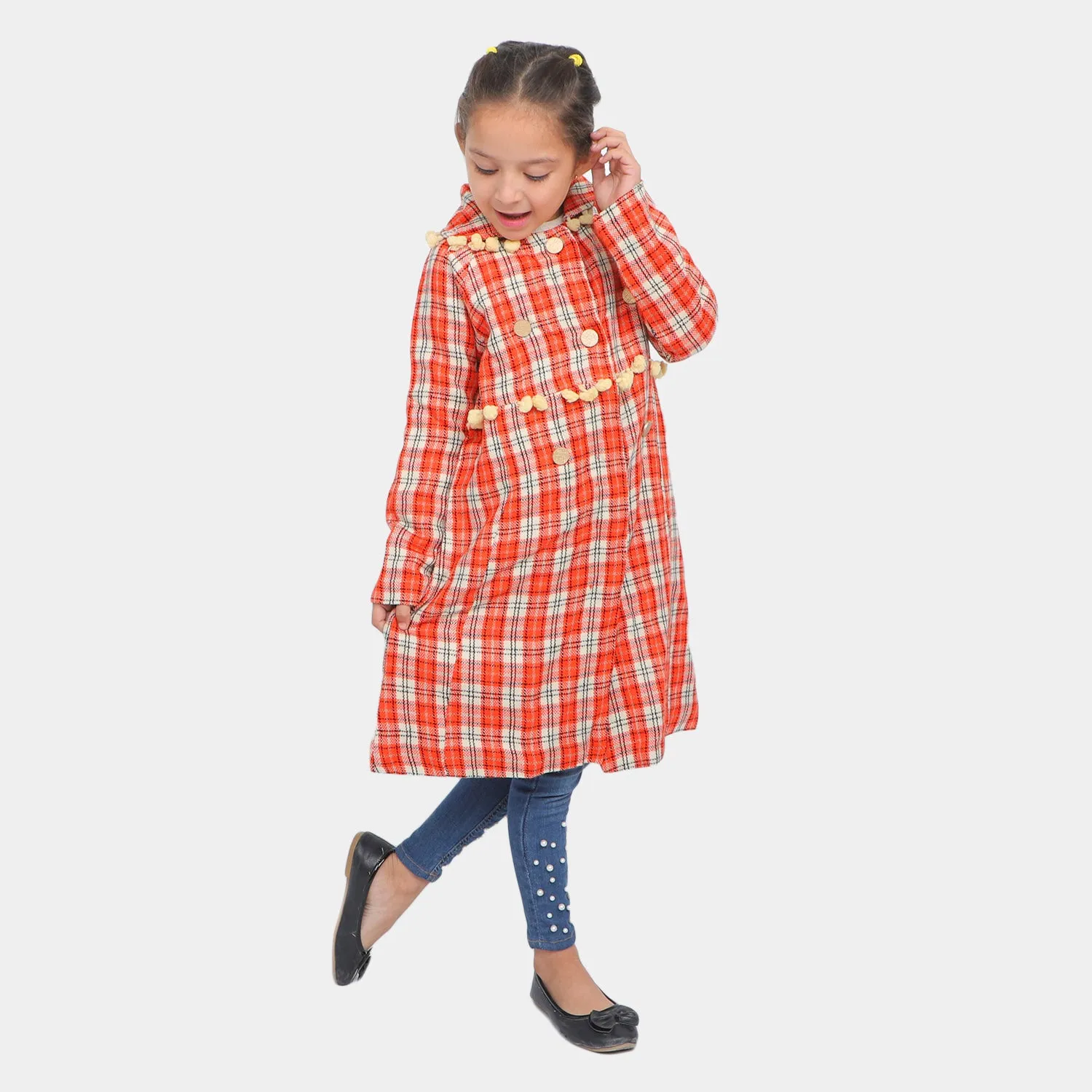 Girls Woolen Trench Coat- Multi