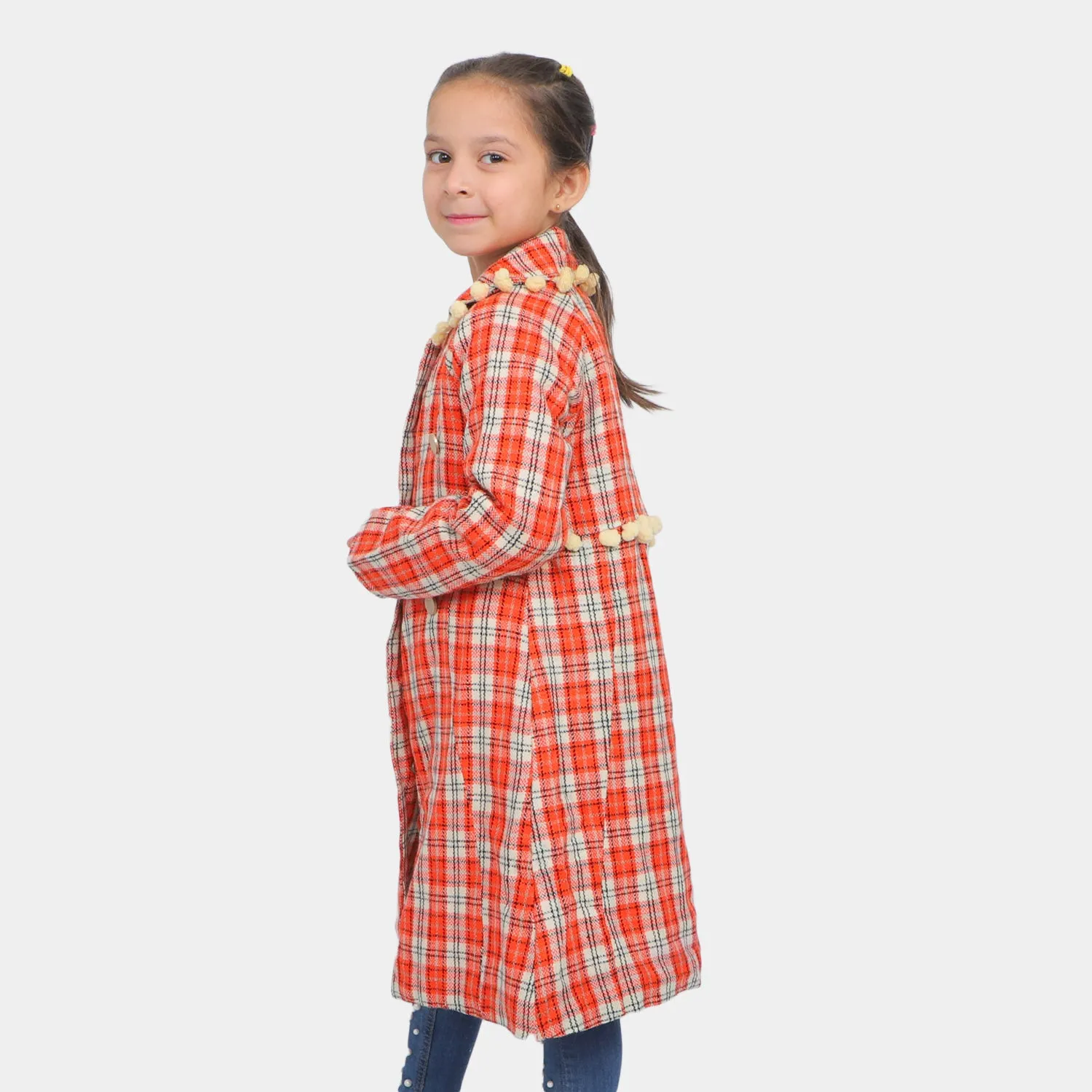 Girls Woolen Trench Coat- Multi