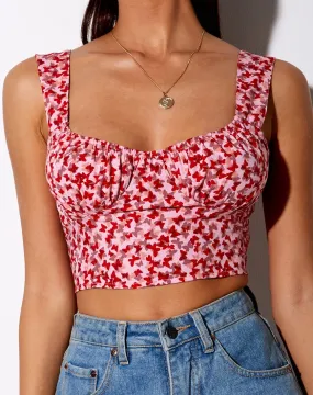 Gladis Vest Crop Top in Ditsy Butterfly Peach and Red