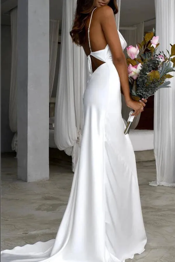 Graceful Silk Satin Mermaid Spaghetti Straps Scoop Wedding Dresses, SW399