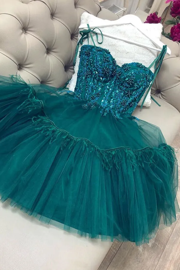 Green Tulle Lace Sweetheart Neck Homecoming Dresses, Short Prom Dress, SH583