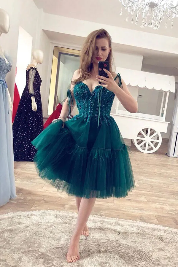 Green Tulle Lace Sweetheart Neck Homecoming Dresses, Short Prom Dress, SH583