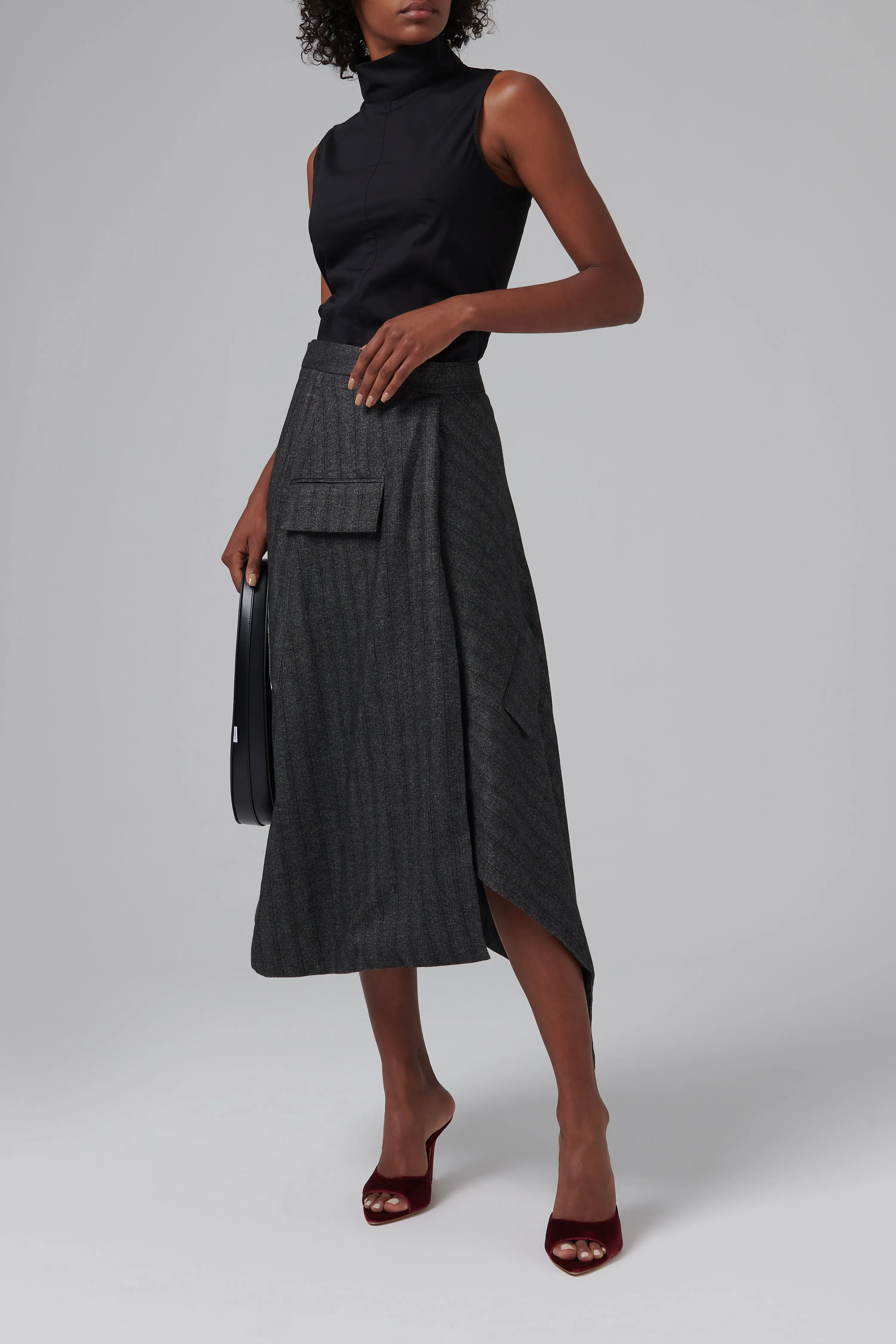 Grey Striped Draped Midi Skirt