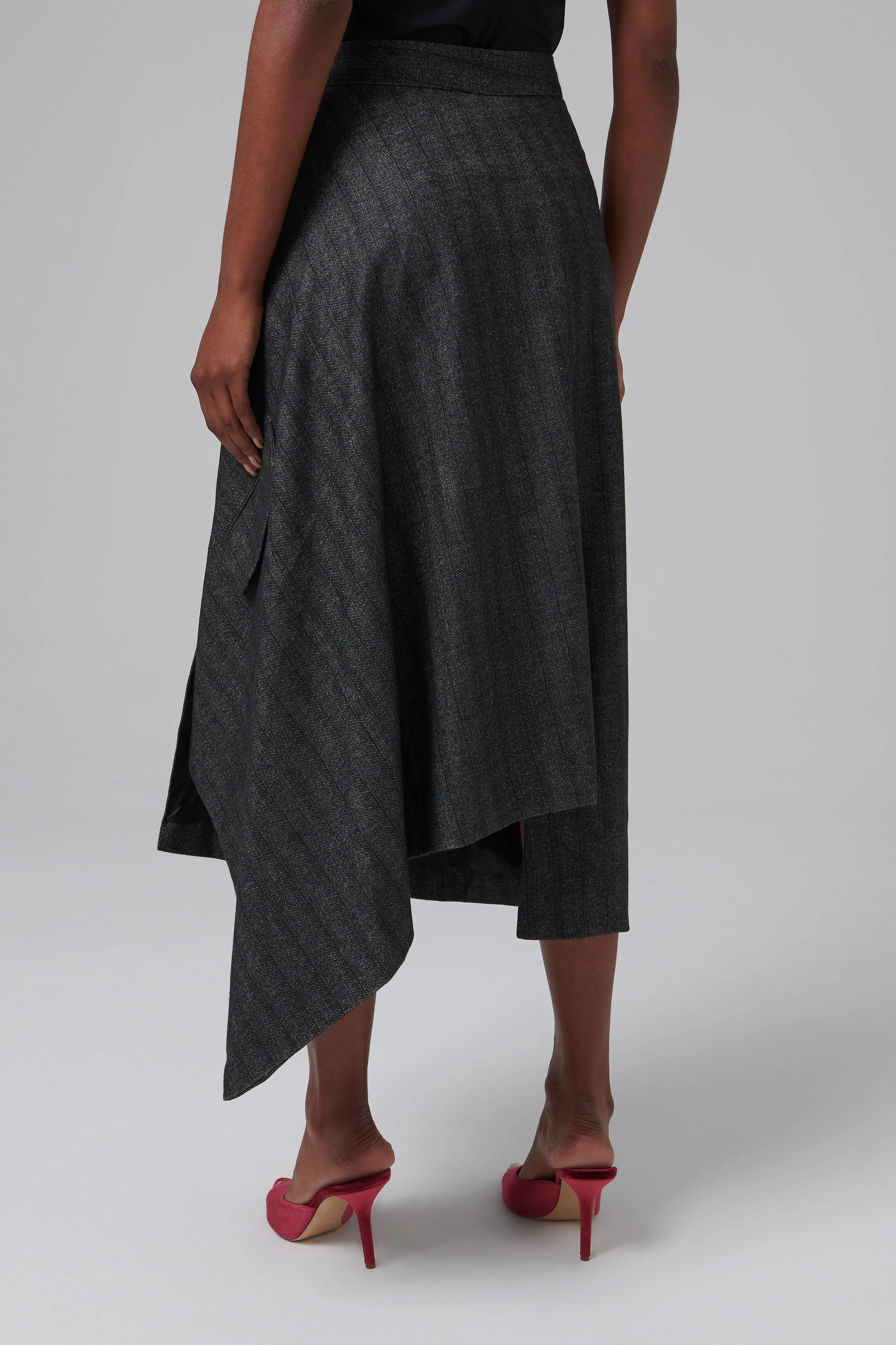 Grey Striped Draped Midi Skirt