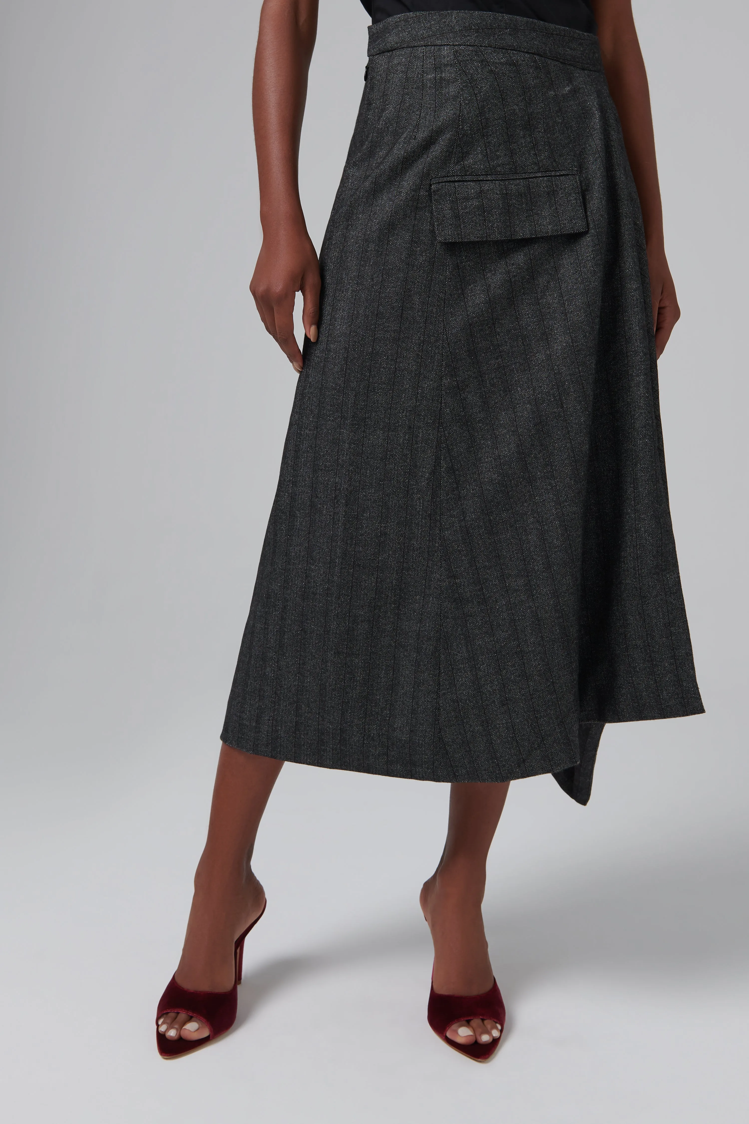 Grey Striped Draped Midi Skirt