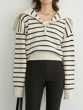 Half Zip Stripe Trendy Open Collar Sweater