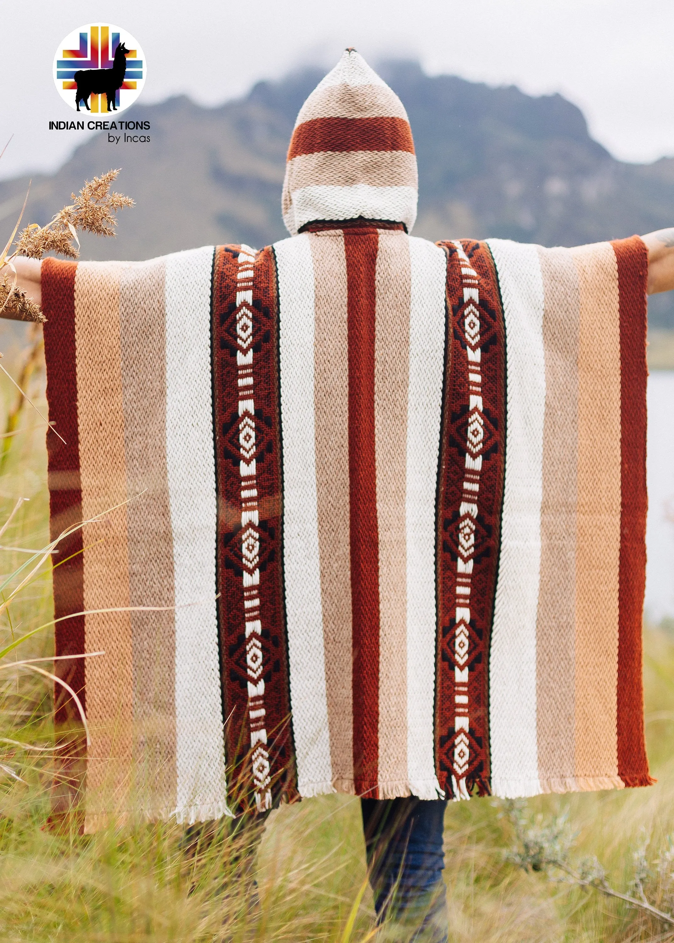 Handmade Wool Poncho. (Red Earth) Closed in the Front with Hood. Handcrafted by Indigenous Hands. Machine Washable. Gift Ideas