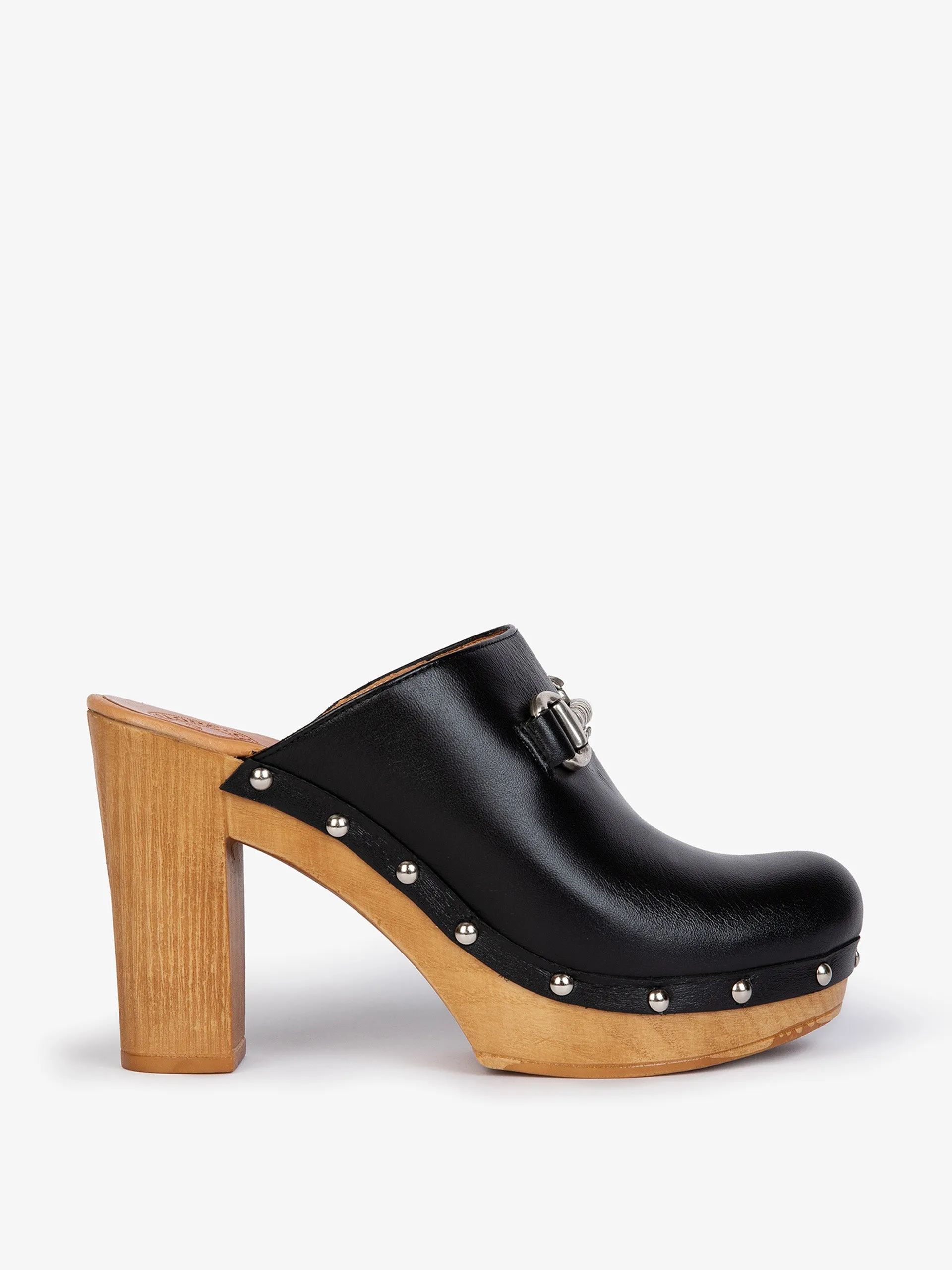 High horsebit leather clogs in black