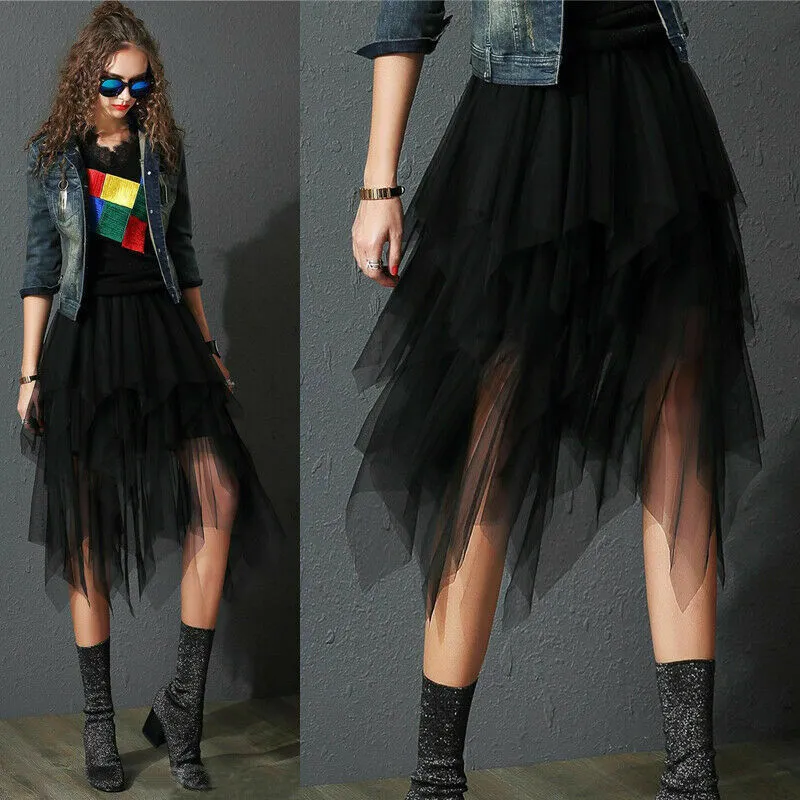 High Waist Irregular Pleat Tulle Skirt