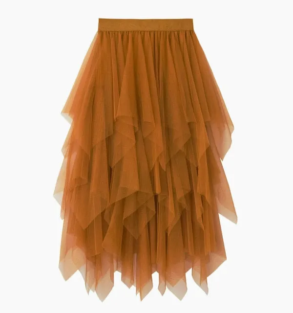 High Waist Irregular Pleat Tulle Skirt