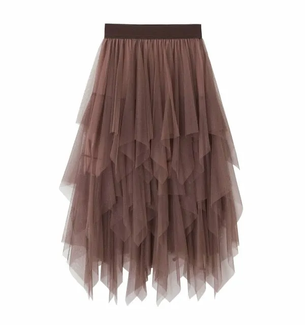 High Waist Irregular Pleat Tulle Skirt