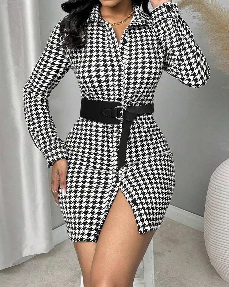 Houndstooth Print Long Sleeve Turn down Collar Bodycon Dress Button Front Mini Dress