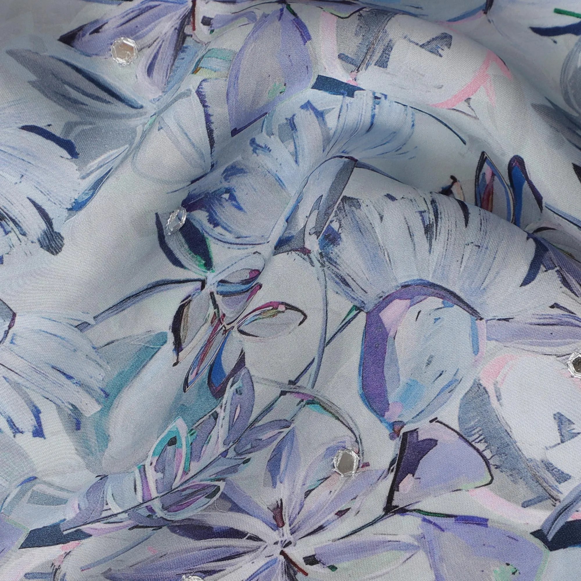 Ice Blue & Lavender Floral Viscose Modal Satin Fabric with Mirror Work - 110 cm Width-D20272