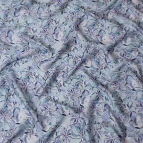 Ice Blue & Lavender Floral Viscose Modal Satin Fabric with Mirror Work - 110 cm Width-D20272