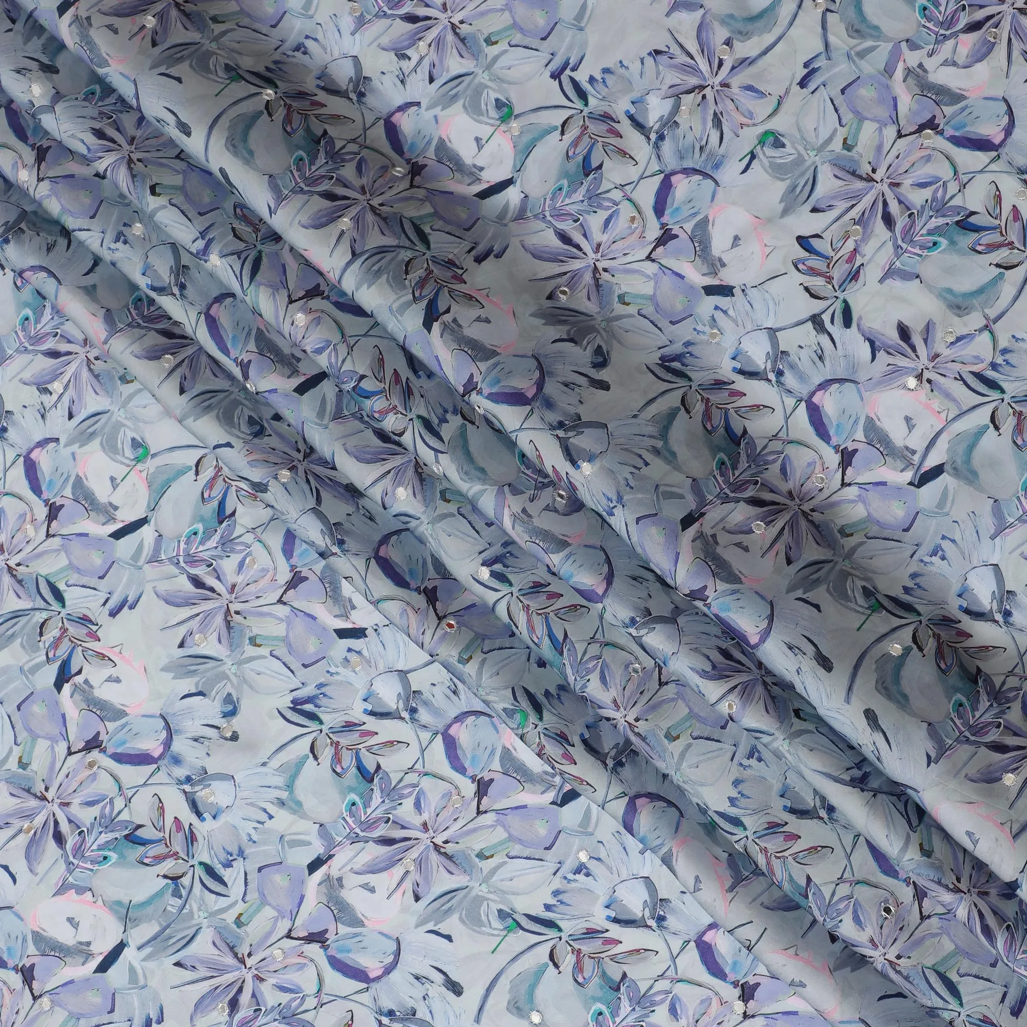 Ice Blue & Lavender Floral Viscose Modal Satin Fabric with Mirror Work - 110 cm Width-D20272