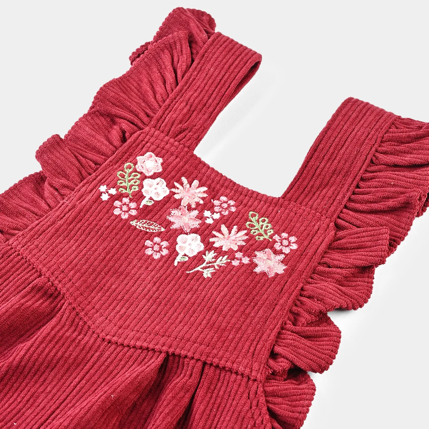 Infant Girls Corduroy Dangri Floral Yoke-Burgendy