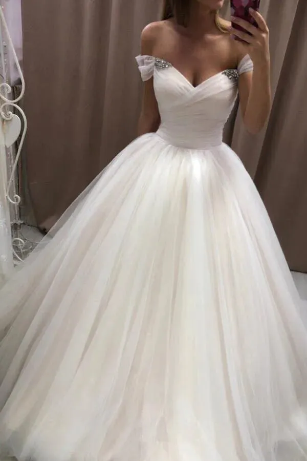 Ivory Tulle Off Shoulder A-line Sweetheart Wedding Dresses, Bridal Gown, SW559