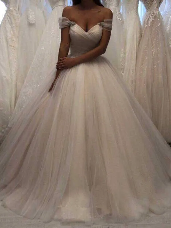 Ivory Tulle Off Shoulder A-line Sweetheart Wedding Dresses, Bridal Gown, SW559