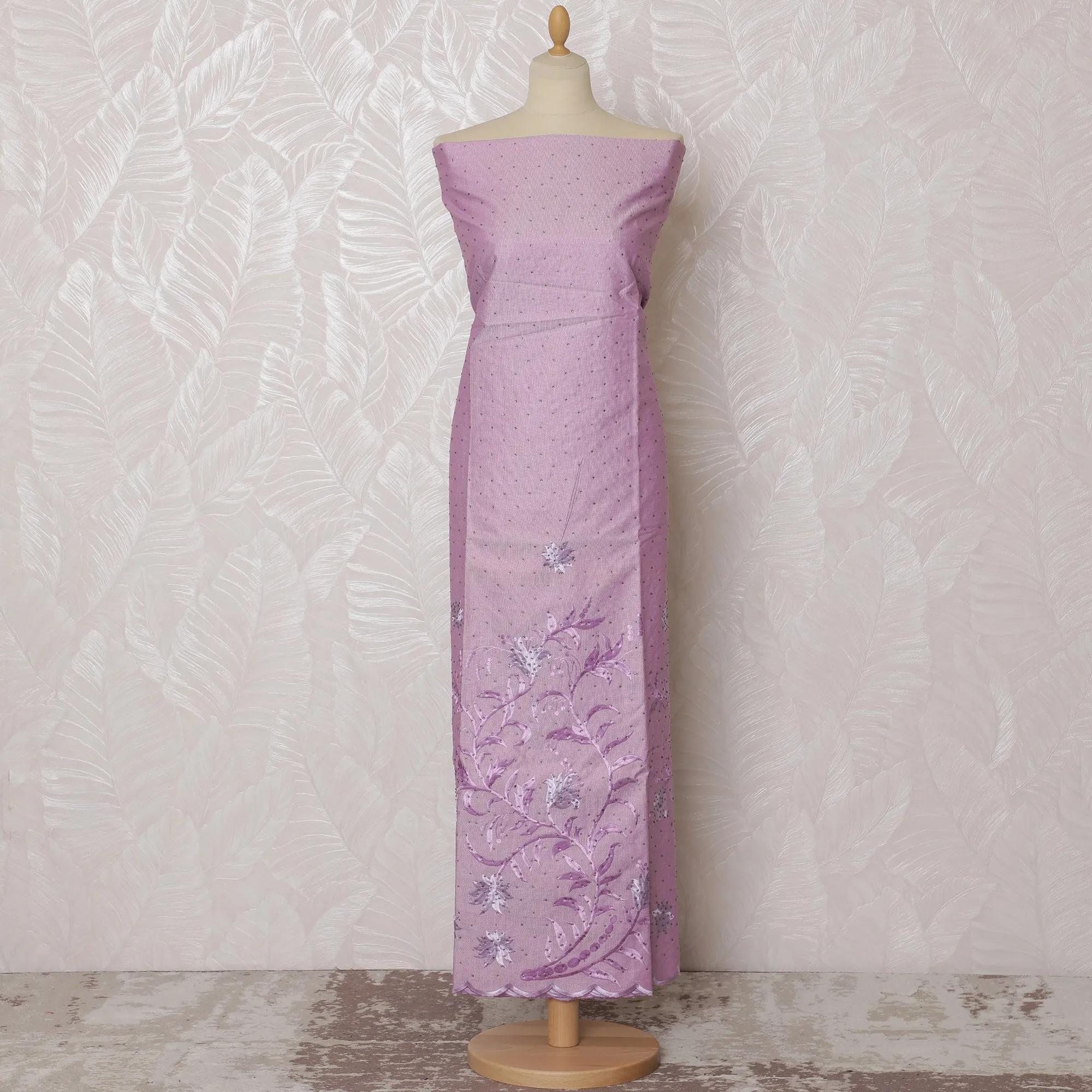 Lavender Blended Cotton Fabric with Lavender and White Floral Embroidery - Last Piece of 3.0 Meters, 110 cm Width-D19785