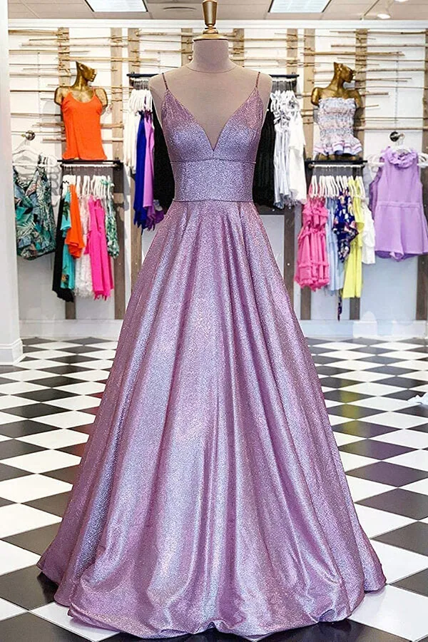 Lavender Sparkly Ball Gown Open Back V-neck Prom Dresses with Sequins, SP565