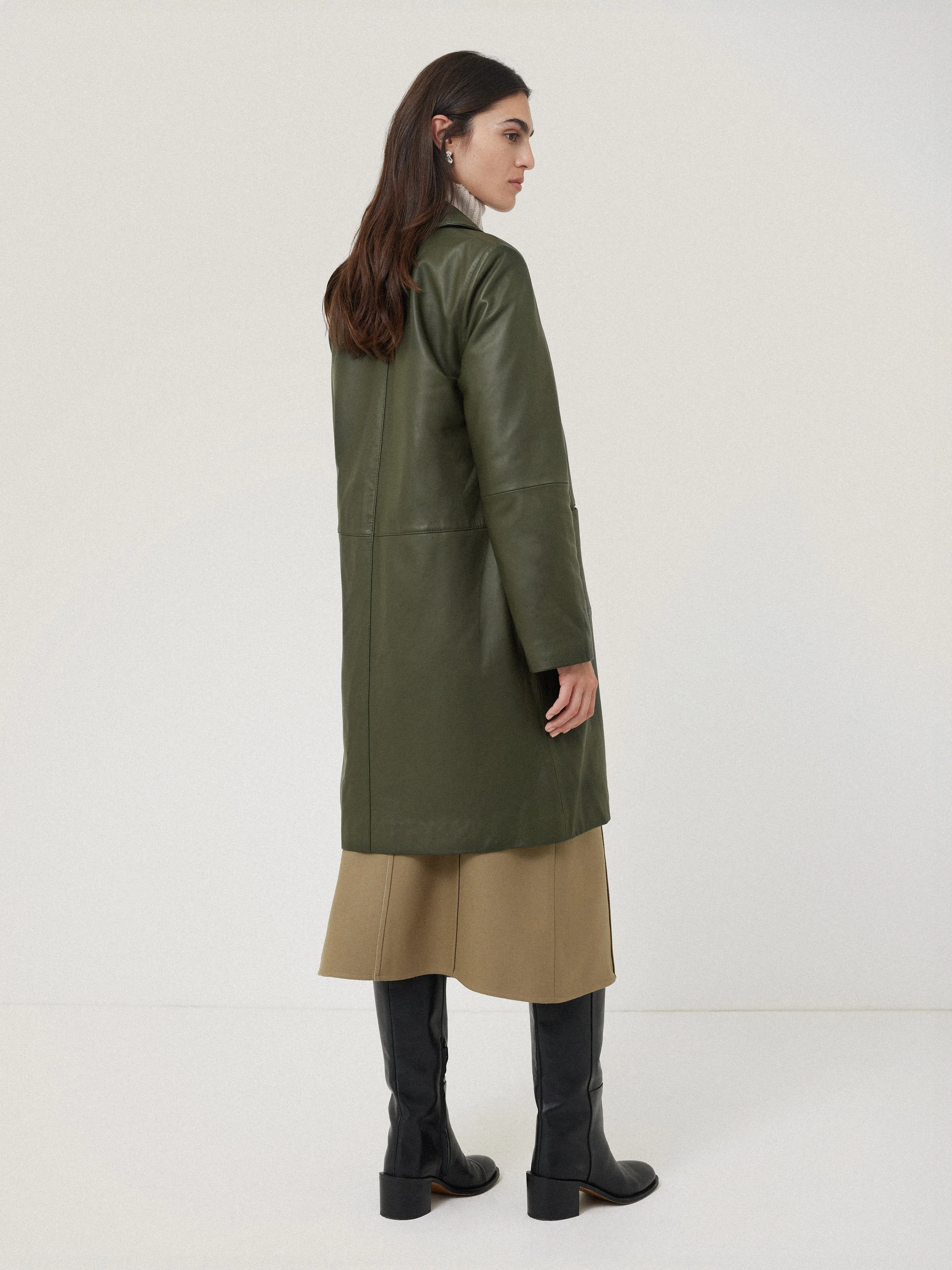 Leather Knee Length Coat | Green