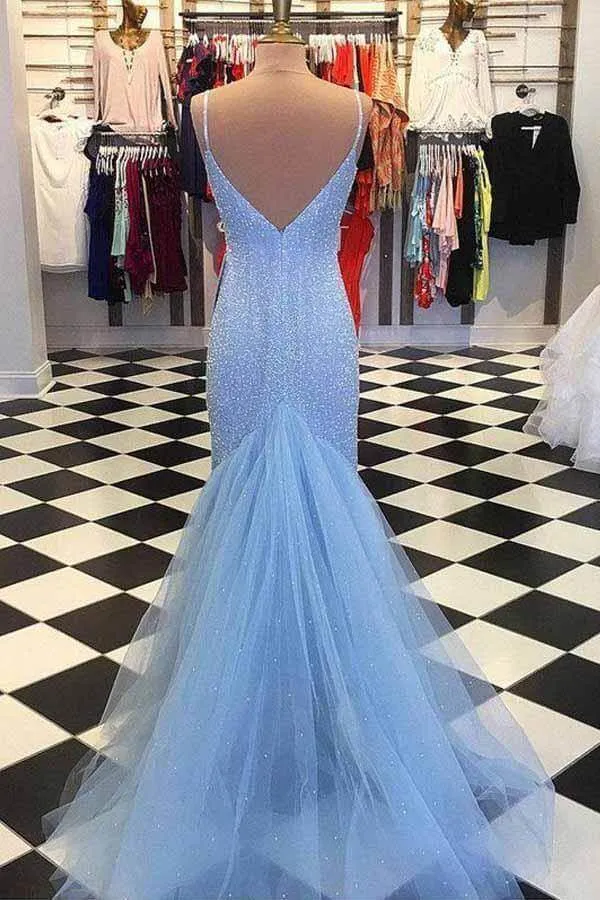 Light Blue Tulle Mermaid Beaded Backless Prom Dresses, Evening Dresses, SP729