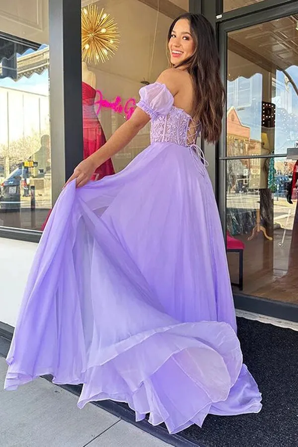 Lilac Chiffon A-line Strapless Floor Length Prom Dresses, Evening Dresses, SP945