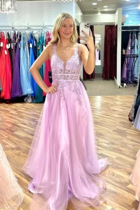 Lilac Tulle A-Line Long Prom Dresses With Lace Appliques, Party Dress, SP969