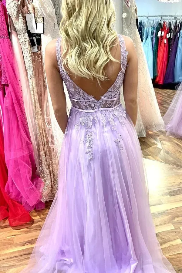 Lilac Tulle A-Line Long Prom Dresses With Lace Appliques, Party Dress, SP969