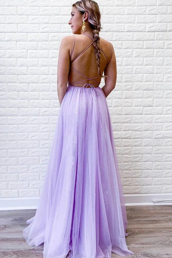 Lilac Tulle Lace A-line Spaghetti Straps Long Prom Dresses, Evening Gown, SP735