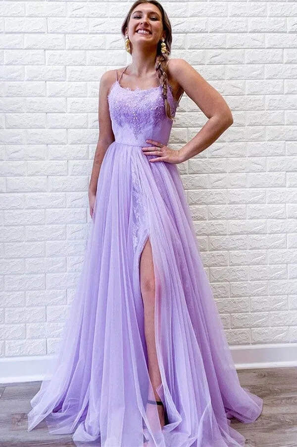 Lilac Tulle Lace A-line Spaghetti Straps Long Prom Dresses, Evening Gown, SP735