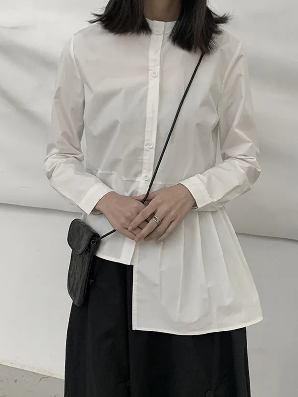 Long Sleeves Asymmetric Buttoned Pleated Solid Color Round-Neck Blouses&Shirts Tops