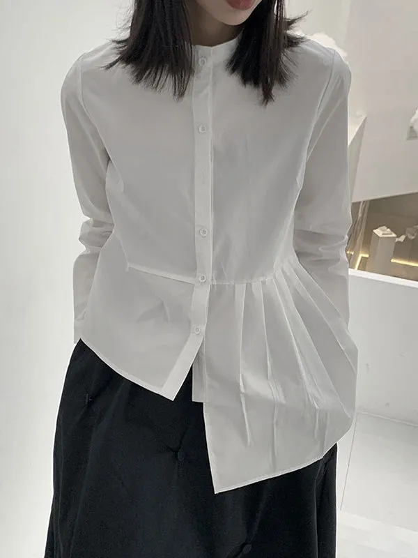 Long Sleeves Asymmetric Buttoned Pleated Solid Color Round-Neck Blouses&Shirts Tops