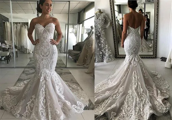 Luxury Lace Mermaid Sweetheart Neckline Wedding Dresses with Cathedral Train, SW322