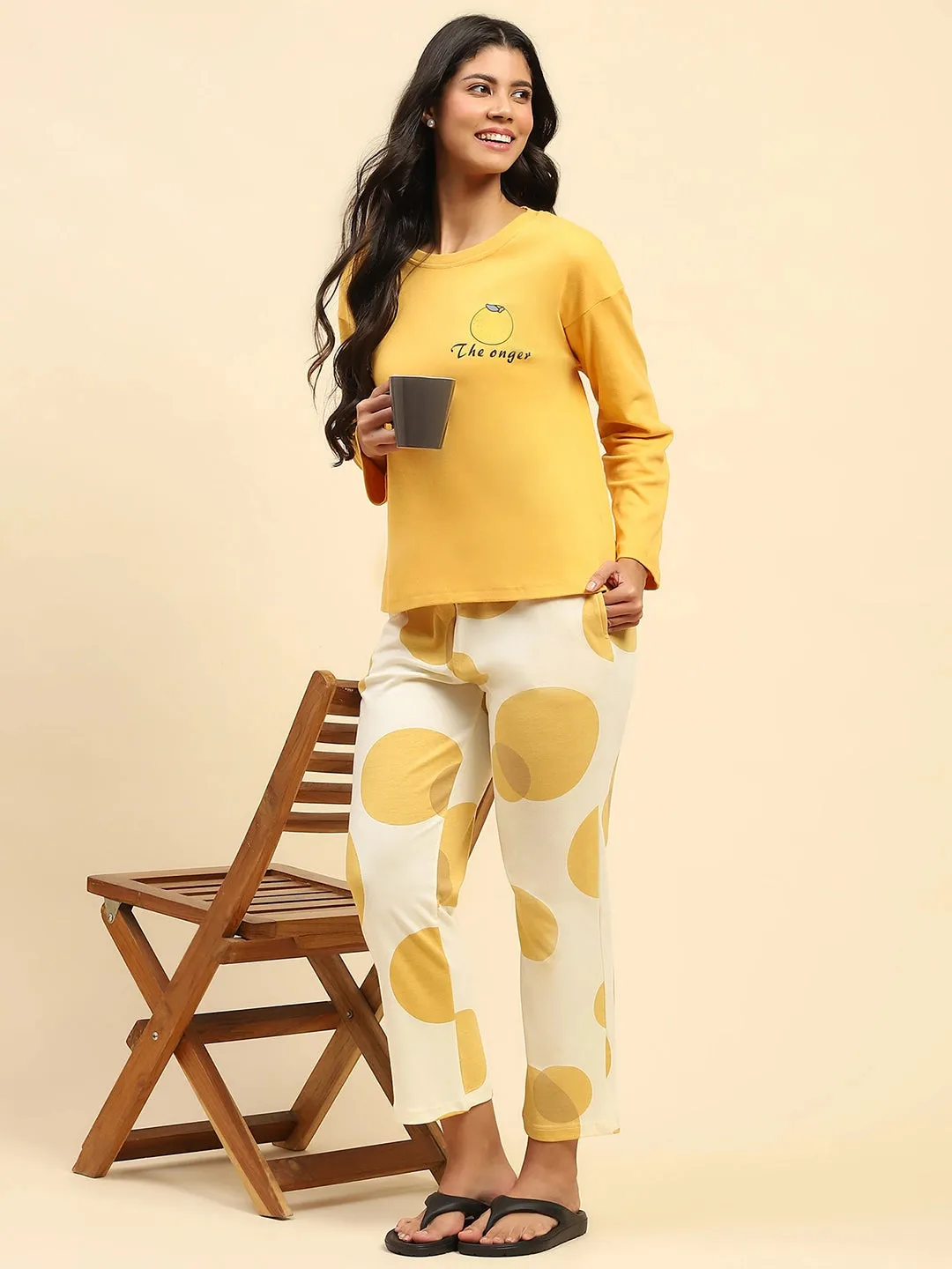 Mango Yellow Solid Cotton Relaxed Fit Night Suit