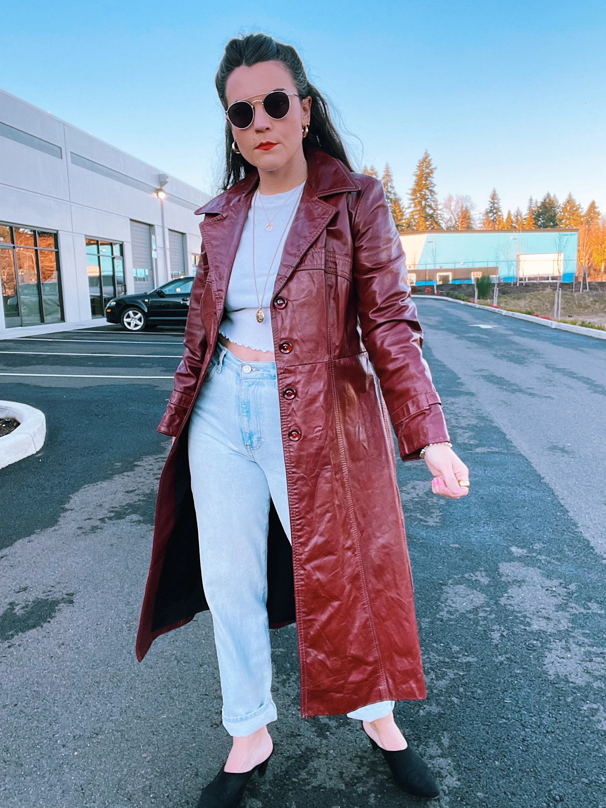 Maroon Faux Leather Trench Coat